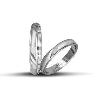 Πρωτότυπες λευκόχρυσες βέρες γάμου 3.5 mm με ματ και λουστρέ γεωμετρικά σχέδια, ιδανικές για ζευγάρια με μοντέρνο στυλ, διαθέσιμες σε 9, 14, 18 ή 22 καράτια.